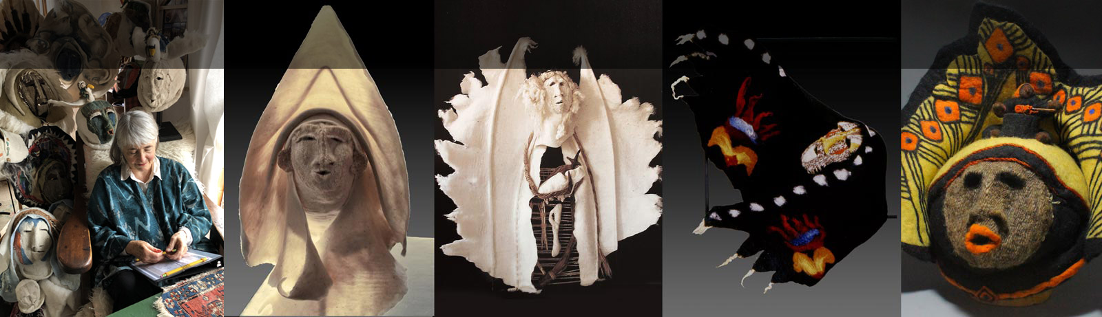 Susan Barrett Merrill with fiber sculptures and a row of her sculptures of fiber faces
